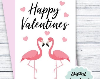 Valentines Day Card PRINTABLE Cute Valentine's Card Flamingo DIGITAL DOWNLOAD Valentine's Day Card Pink