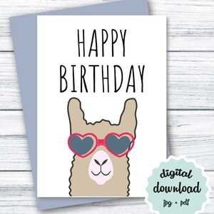Cartão de aniversário fofo para impressão Cartão de aniversário Lhama, Cartão de aniversário engraçado DOWNLOAD, Cartão de aniversário para download fofo