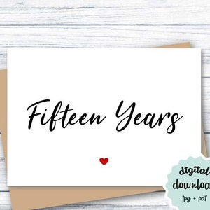 15周年記念カード 夫への印刷可能な記念日カード、15周年記念カード、妻への記念日カード、即時ダウンロード
