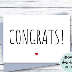 Congrats Card DIGITAL DOWNLOAD Cute Congratulations Card with Heart, PRINTABLE
