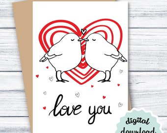 Cute Valentine's Day Card Birds, PRINTABLE Love Card, Love You Card, Valentines Card DOWNLOADABLE