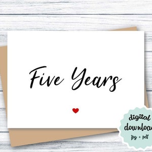 Tarjeta de aniversario 5 años, Tarjeta del 5o aniversario IMPRIMIBLE, Tarjeta de aniversario de cinco años para ella, Él DESCARGAR Tarjeta de aniversario para esposo esposa
