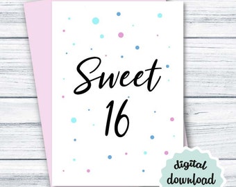 16th Birthday Card Sweet 16 PRINTABLE, Cute Birthday Card for Daughter, Simple Birthday Card 16 DIGITAL DOWNLOAD, Girl Birthday Card 5x7