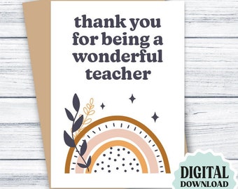 Teacher Thank You Card PRINTABLE Thank You For Being A Wonderful Teacher Card Boho Rainbow, Teacher Appreciation Card DOWNLOADABLE 5x7