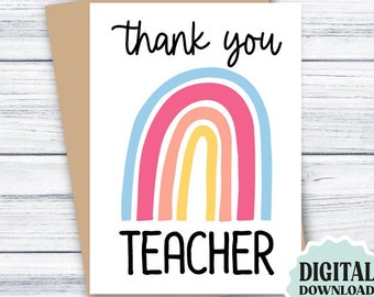 Thank You Teacher Card PRINTABLE Teacher Appreciation Card Rainbow, Teacher Thank You Card, DIGITAL DOWNLOAD 5x7, Teacher Card