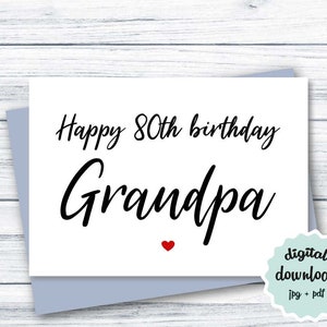 Tarjeta de cumpleaños del abuelo 80 Tarjeta de cumpleaños número 80 IMPRIMIBLE para el abuelo, Tarjeta de cumpleaños DESCARGABLE para el abuelo