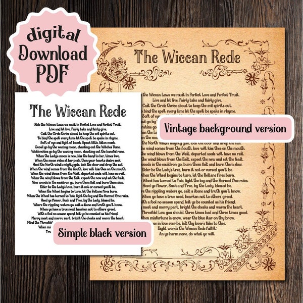 Wiccan Rede PRINTABLE Grimoire Page, Book of Shadows, Wicca Poster, Spell Book Page PDF, Witch Poem DOWNLOAD