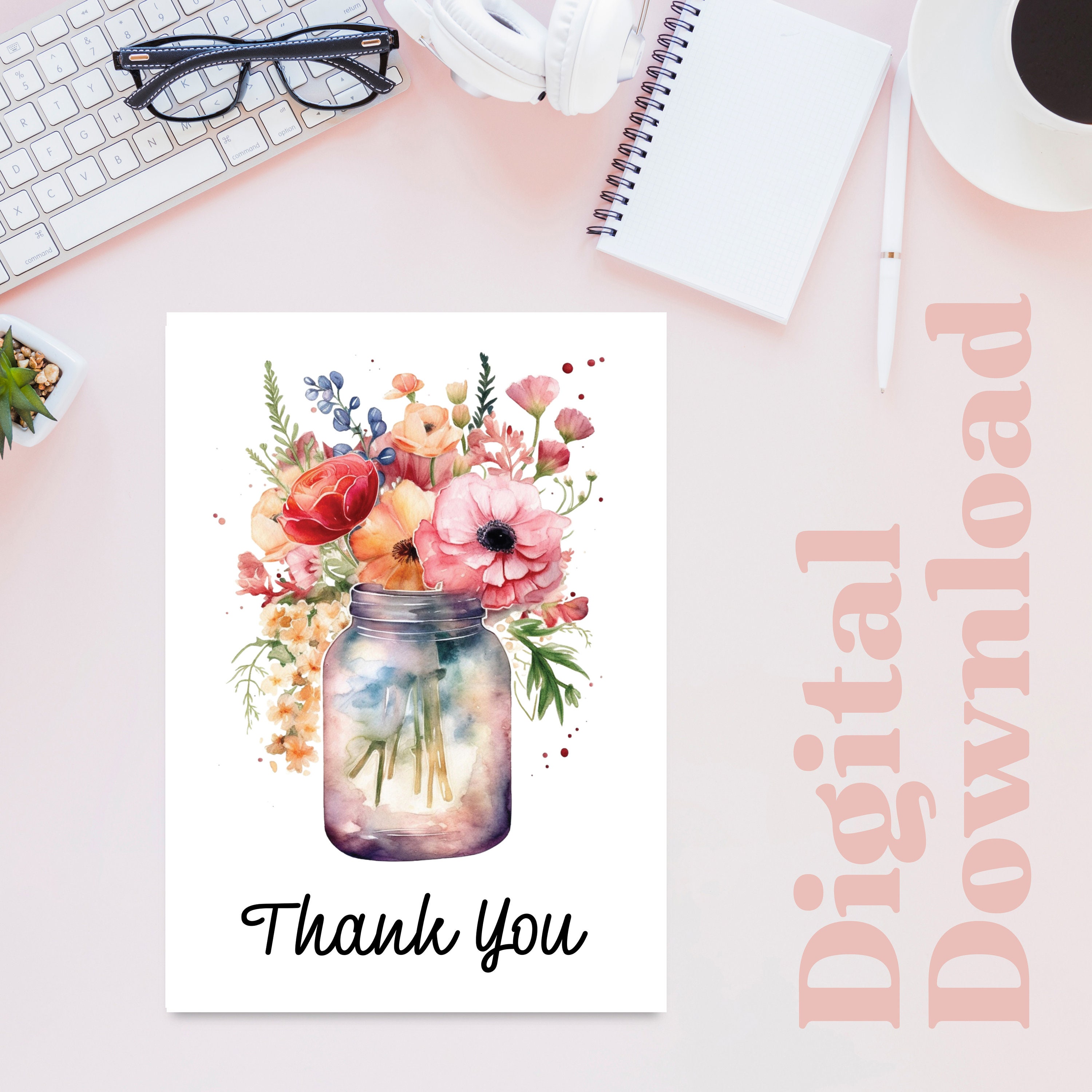 Thank You Card PRINTABLE Thank You Card Flowers Floral Thank - Etsy