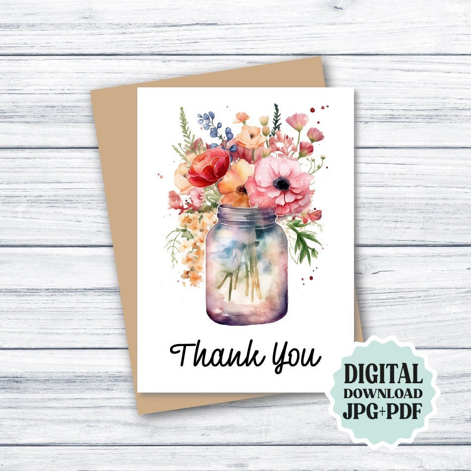 Thank You Card PRINTABLE Thank You Card Flowers Floral Thank - Etsy