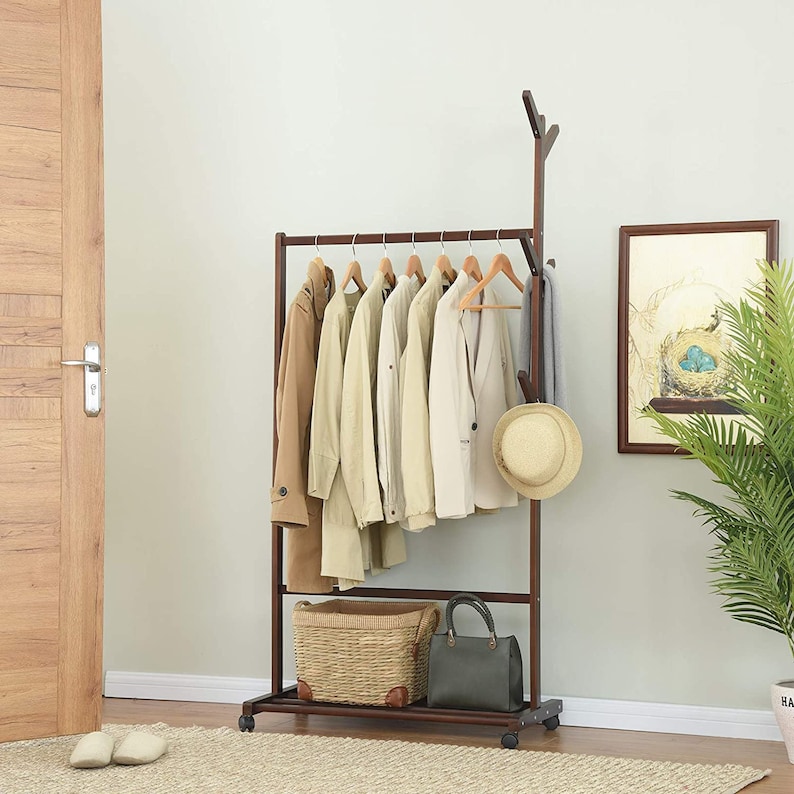 Wooden Coat Rack with Wheels Rolling 1Tier Storage Shelves Etsy