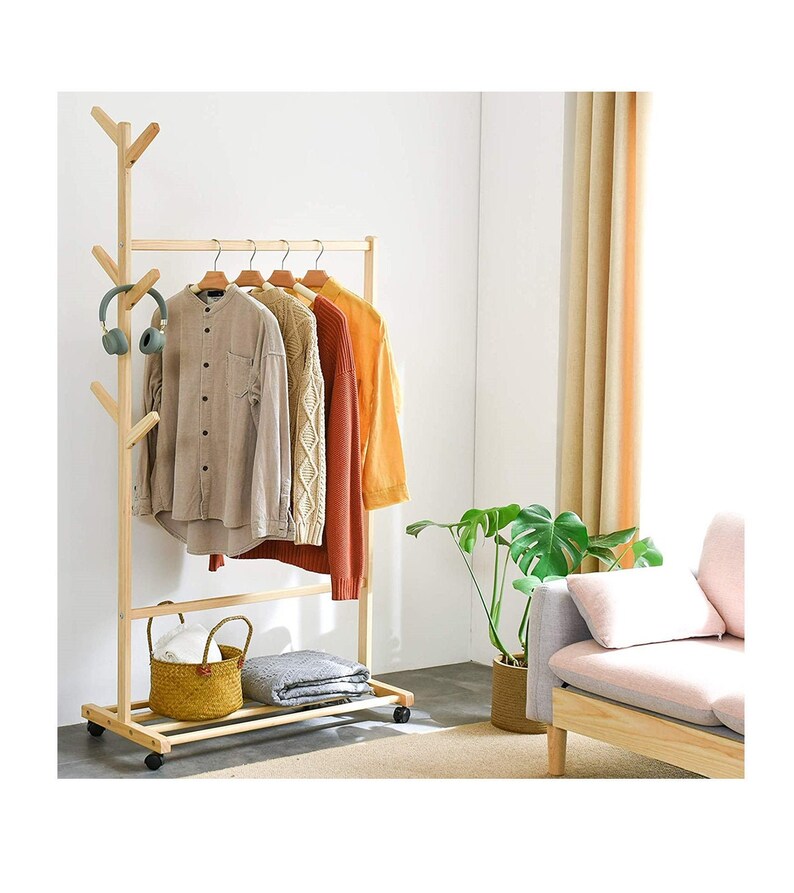 Wooden Coat Rack with Wheels Rolling 1Tier Storage Shelves Etsy