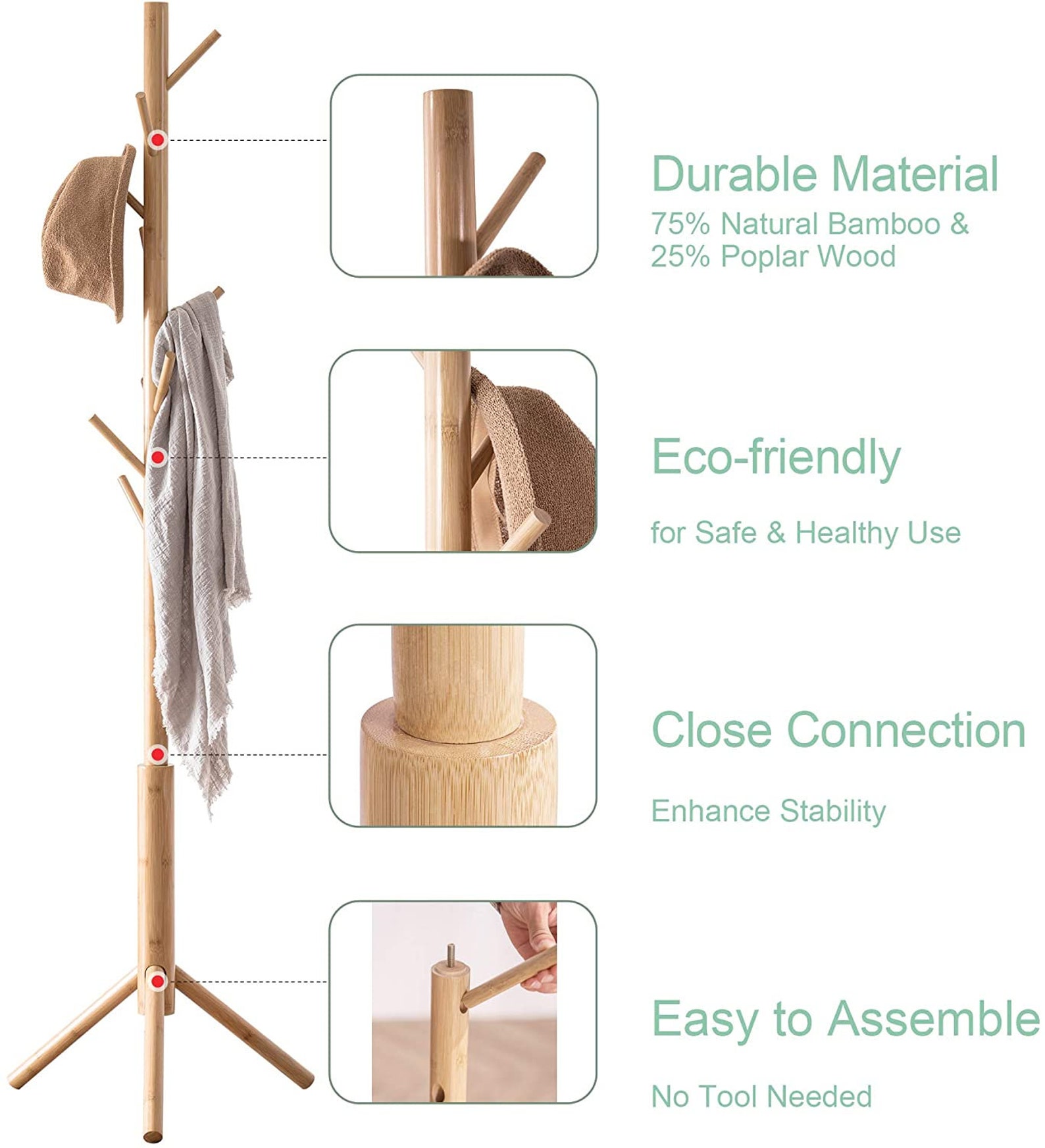 Bamboo Coat Rack Tree with 8 Hooks Free Standing Wooden Coat Etsy