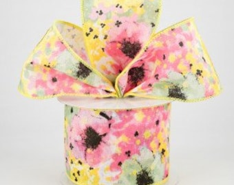 10 Yards Painted Floral on Canvas Wired Edge Ribbon Yellow, 2.5 Inch