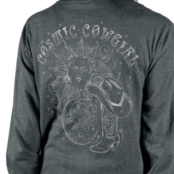 Cosmic Cowgirl Long Sleeve Tee, Country Girl® Metallic Print T-shirt, Western Style, Astrology Shirt, Concert Tee, Sun, Moon, Stars, Tshirt