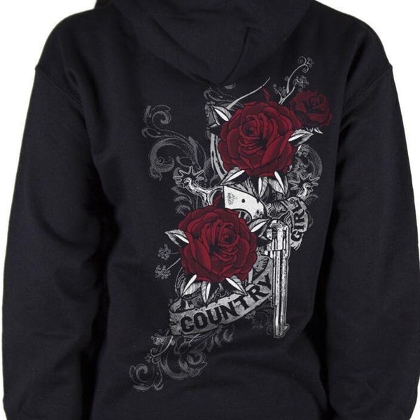 Pistol & Spurs Red Rose Hoodie, Country Girl® Floral Gun Hooded Sweatshirt, Classy Pearl Handle, Spurs, Red Roses, Thorns, Shooter, Hoody