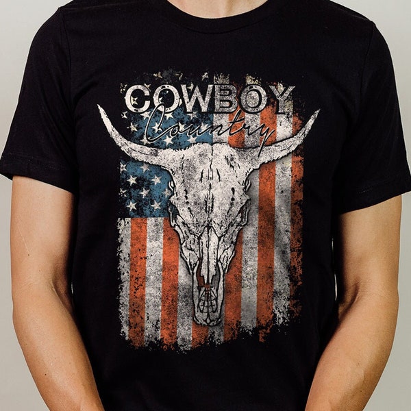 Country Boy® Tee, Cowboy Country Steer Skull Shirt, Distressed American Flag T-shirt, Bull Horns, Southwest Style, America Rodeo Tshirt