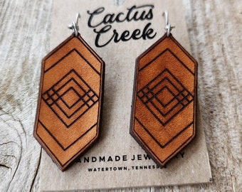 Tooled Leather Aztec Earrings - "Dakota"