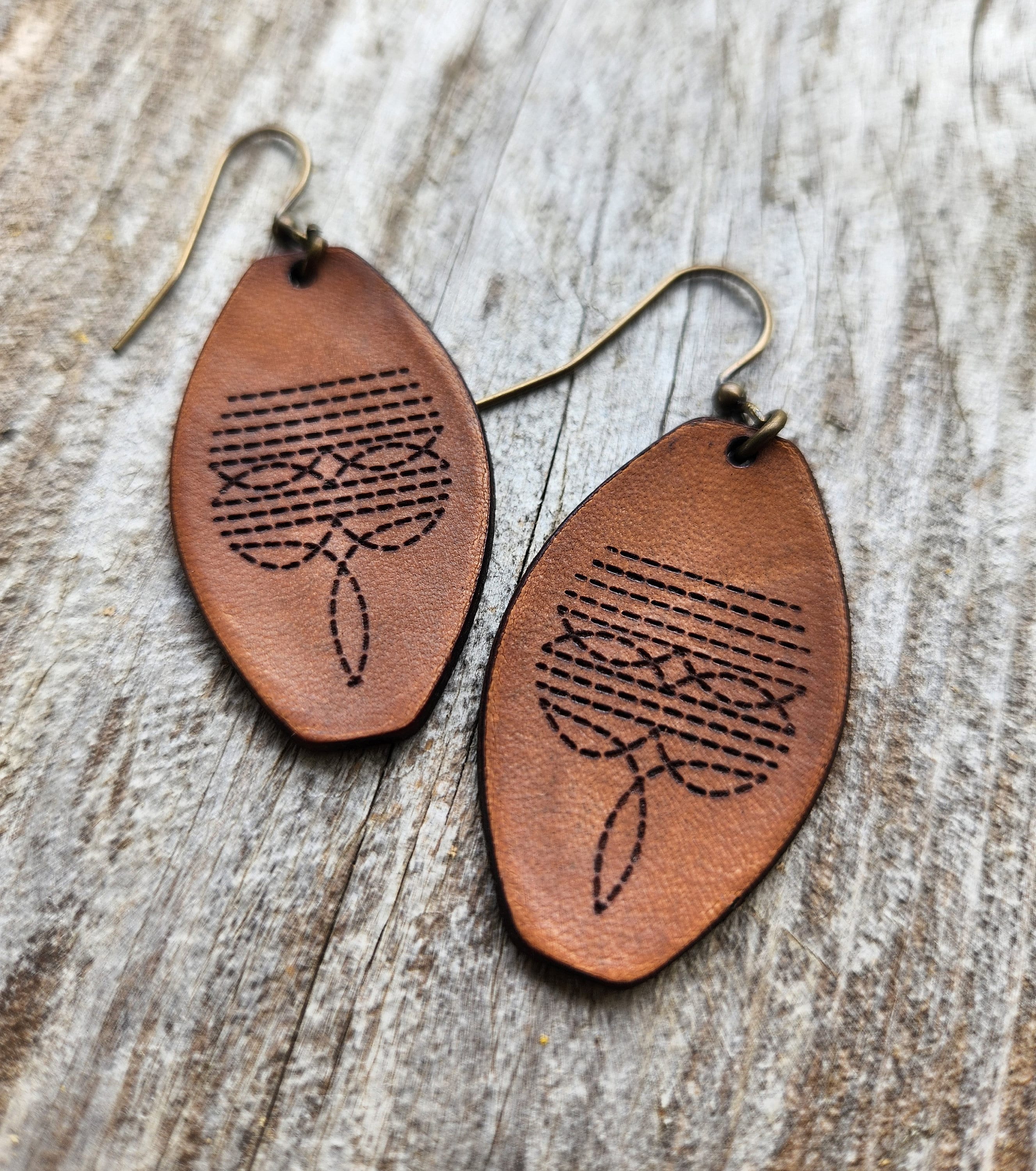 CactusCreekLeather Western Tooled Leather Earrings Dallas