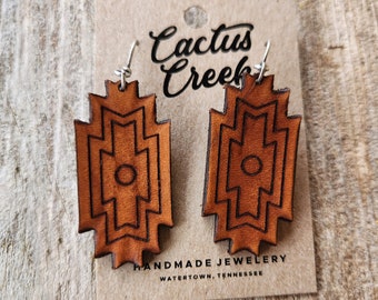 Tooled Leather Aztec Earrings - "Diana"