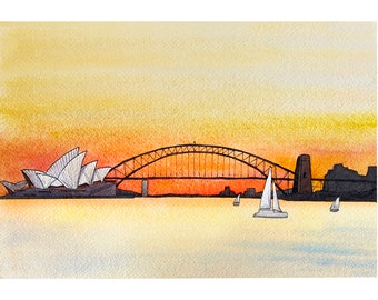 Sydney Watercolour Painting -Print, "Sydney Harbour Bridge", Sydney, Australia, Holiday Gift, Beach Decor, Illustration, Watercolor, Harbour