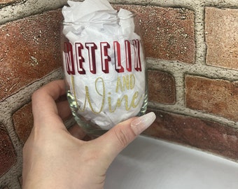 Netflix and Wine Stemless Wine Glass| Netflix Wine Glass| Netflix Gift| Netflix Glass| Netflix and Wine|