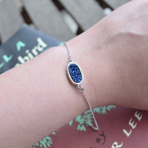 Silver Blue Oval Druzy Bracelet, Women Teens Girls Cute Gift