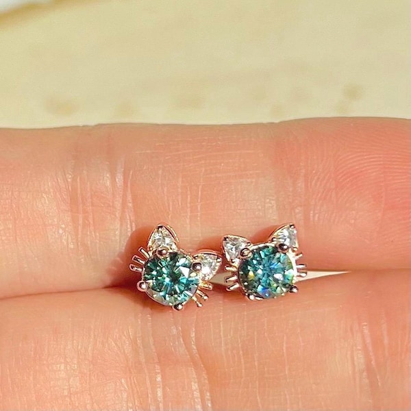 Hypoallergenic Minimalist S925 VVS Moissanite Diamond Kitten Studs, Cute Cat Earrings, Teen Girls Women Jewelry Birthday Birthstones Gifts