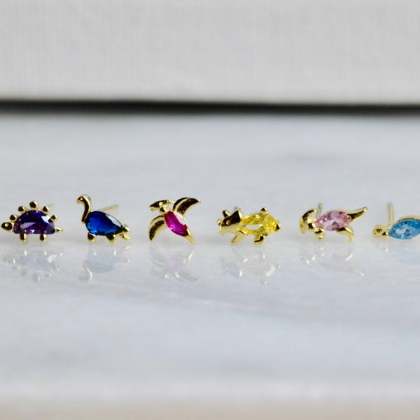 Cute Tiny Minimalist Hypoallergenic Dinosaur Studs, Dainty Gold Vermeil S925 Earrings, Teens Girls Jewelry, Birthstone Gifts