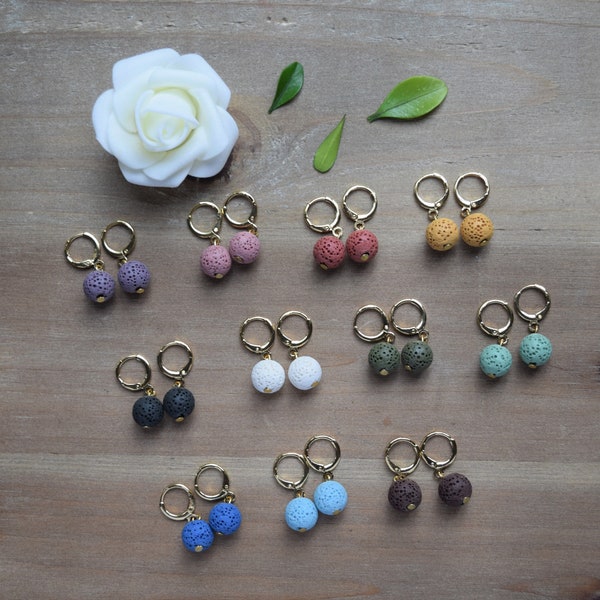 10mm Natural Lava Stone Earrings, Aromatherapy Earrings, Volcanic Rock Earrings, 18k Gold Plated Hoops, Cute Diffuser Earrings, Cute Gifts