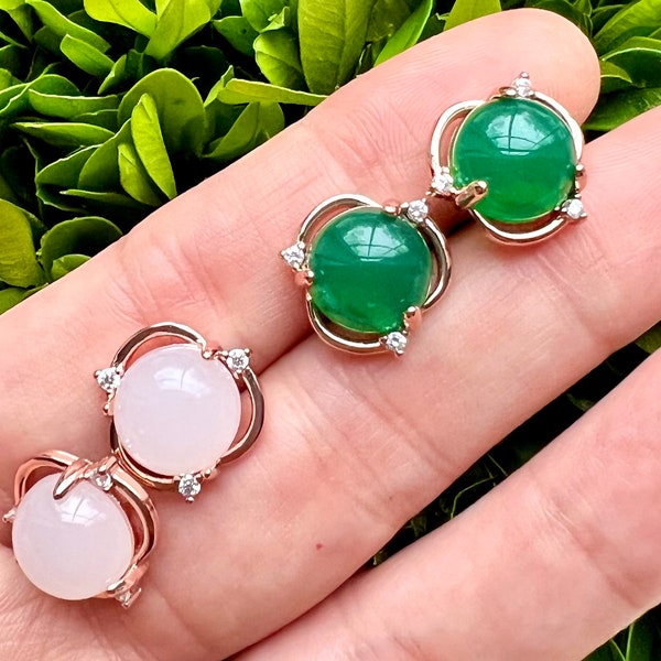 Rose gold plated natural jade earrings, vintage jade earrings, green jade studs, white jade studs, elegant women earrings, dressy jade studs