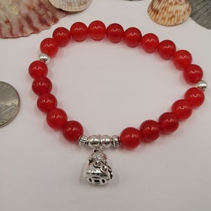 8mm Red Agate Beaded Bracelet with Sterling Silver Chinese Fortune Cat and Beads