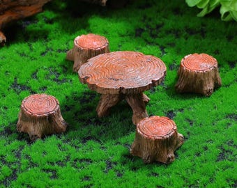 Mesa de bosque con jardín de hadas para casa de muñecas en miniatura con 4 taburetes