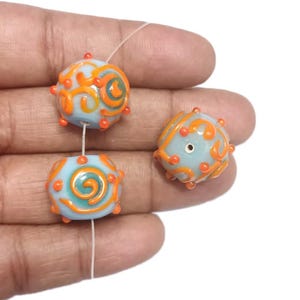 Qty. 10 - 16mm Round Bumpy & Swirly Blue, Orange and Green Lampwork Glass Beads