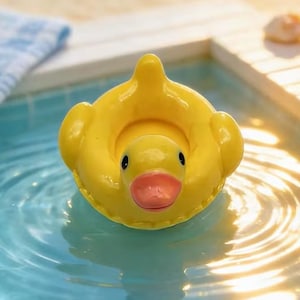 May include: A bright yellow inflatable duck float with a pink beak and black eyes floats in a pool of blue water. The duck-shaped float is designed for use in a swimming pool or other body of water. The float is a fun and playful accessory for water activities.