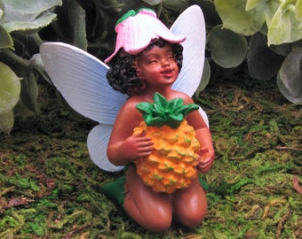 Miniature Fairy Garden Sitting Black Fairy Holding Pineapple