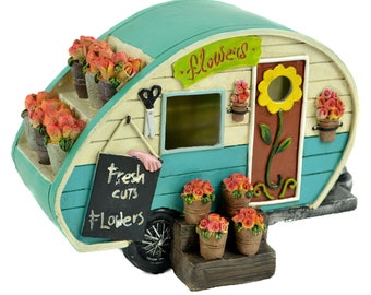 Miniature Fairy Garden 7" LED Turquoise Camper w/ Flowers