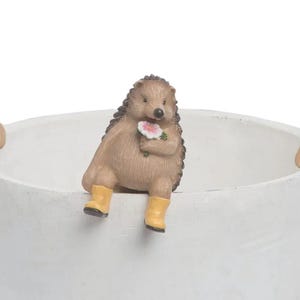 May include: Three hedgehog figurines perched on a white planter. The hedgehogs have brown and tan bodies with spiky backs. One holds a flower, and all wear colorful boots. A charming decorative accent.