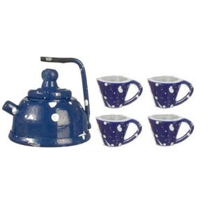 May include: A blue enamelware tea kettle with white speckles, accompanied by four matching teacups. The kettle has a black handle and spout. The teacups are also blue with white speckles.