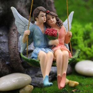 Miniature Fairy Garden Fairy Couple on Leaf Swing