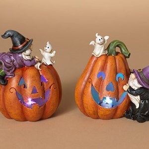 Fairy Garden S/2 LED Color Change Halloween Pumpkins w/ Gnomes