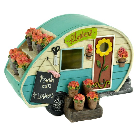 Buy 3 Save $5 Miniature Dollhouse Fairy Garden Turquoise Camper w/ Flowers 