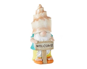 Fairy Gnome Garden 4" Beach Gnome w/ Shell Hat Holding Welcome Sign - Buy 3 Save 15%