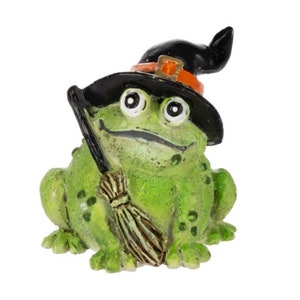 Miniature Fairy Garden Halloween Glow Witch Frog w/ Broom