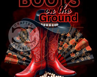 Boots on the Ground Western Cowgirl T-Shirt – Red Cowgirl Boots, Black Hat & Pearl Accent – Southern Pride Tee for Women