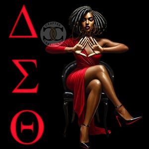 Può includere: Una donna con un vestito rosso è seduta su una sedia nera con le gambe incrociate. Sta facendo il segno della mano della confraternita Delta Sigma Theta. Le lettere Delta, Sigma e Theta sono in rosso su sfondo nero.
