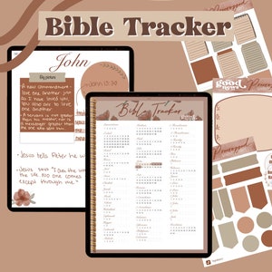 Digital Bible Tracker with Hyperlinks and Pre-cropped Digital Bible Notes Taking Stickers, Pink and Green Floral Bible Notebook Goodnotes