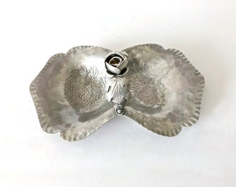 Vintage Hand Wrought Aluminum Candy Dish, Chrysanthemum & Rose Handle