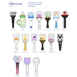 May include: A collection of double-sided acrylic keychains shaped like Thai fandom lightsticks, each featuring unique logos and colors. The designs include various shapes like bottles, animal heads, and geometric icons, with heights of 5-6cm.