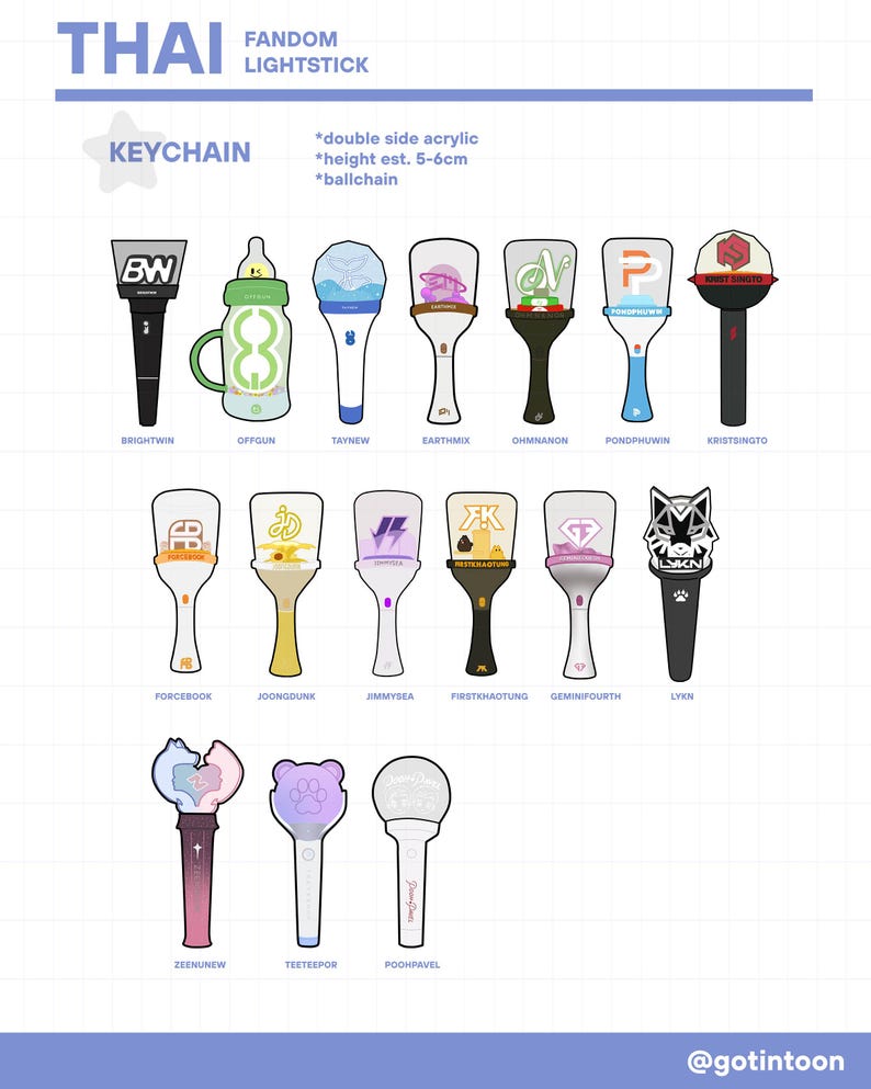 May include: A collection of double-sided acrylic keychains shaped like Thai fandom lightsticks, each featuring unique logos and colors. The designs include various shapes like bottles, animal heads, and geometric icons, with heights of 5-6cm.