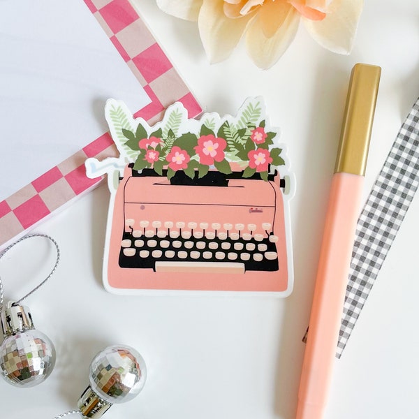 Pink Retro Typewriter with Flowers , Vinyl Matte,  Laptop Decal, Best Friend Gift